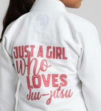 Load image into Gallery viewer, KIDS - "JUST A GIRL" SILENT SHADOW GI - WHITE (FREE WHITE BELT)