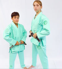 Load image into Gallery viewer, Two individuals wearing mint green martial arts uniforms on a white background