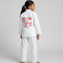 Load image into Gallery viewer, KIDS - "JUST A GIRL" SILENT SHADOW GI - WHITE (FREE WHITE BELT)