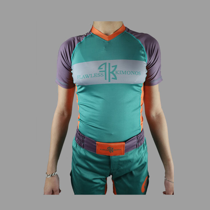 FEMALE  - FREESTYLE S/S RASH GUARD- GREEN/ORANGE